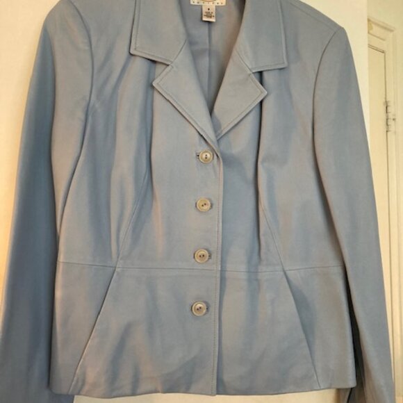 Talbots' Genuine Leather Light Blue Fitted Petite Size 8 Jacket (Pre-Owned) - Picture 2 of 6